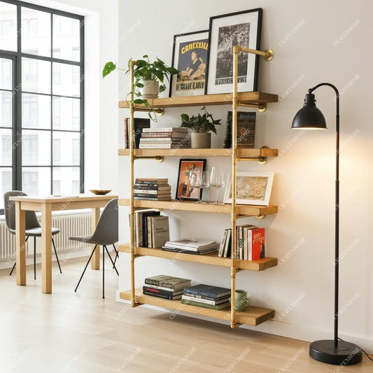 Brass Pipe Shelf Frame – Solid Brass Wall or Floor Mounted Tiered Shelving Base Without Wood