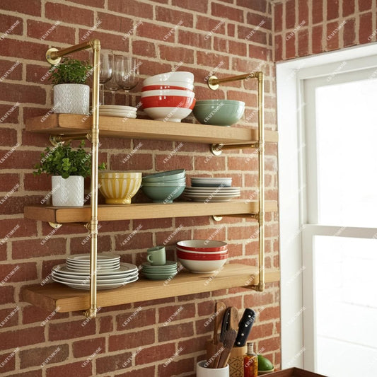 Solid Brass Pipe Shelf Frame – Wall Mounted Tiered Shelving Base for Kitchen Storage