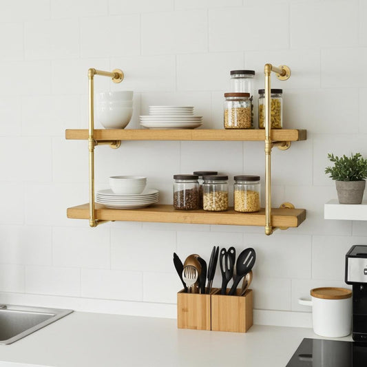 Solid Brass Pipe Shelf Frame – Wall Mounted Tiered Shelving Base for Kitchen Storage